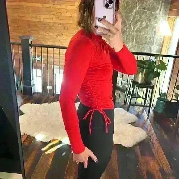 ADIKA Super Tight Red Ruched Toggle Side Long Sleeve Top Women XS - Picture 2 of 9